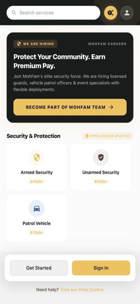 MohFam app home screen showing security services and MohFam careers